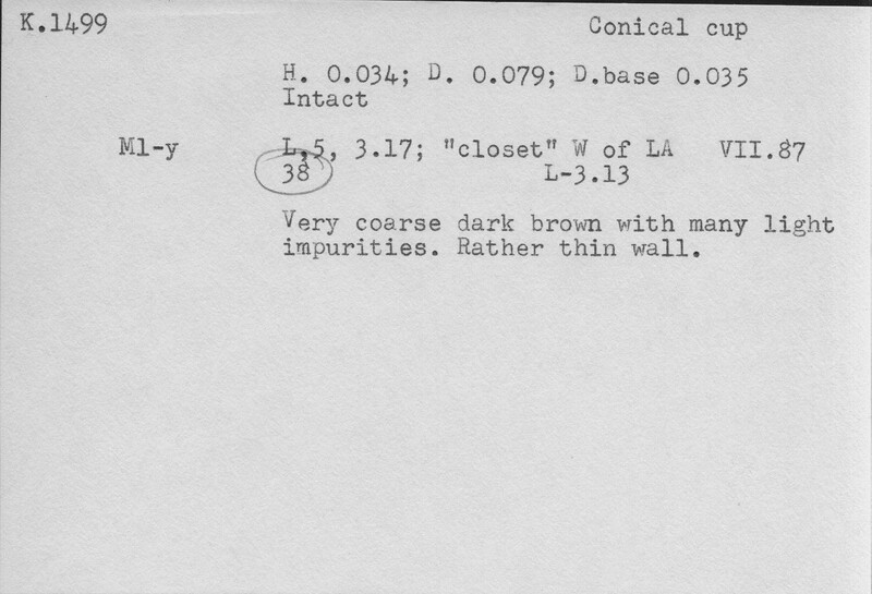 Index card with typed and handwritten information, sometimes including a sketch, of pottery from an excavation.