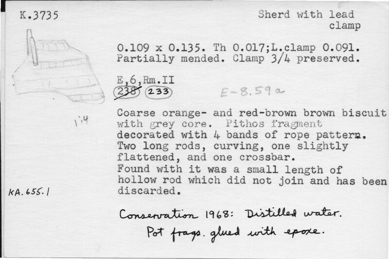 Index card with typed and handwritten information, sometimes including a sketch, of pottery from an excavation.