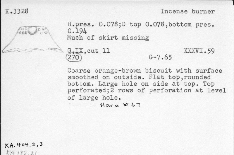Index card with typed and handwritten information, sometimes including a sketch, of pottery from an excavation.