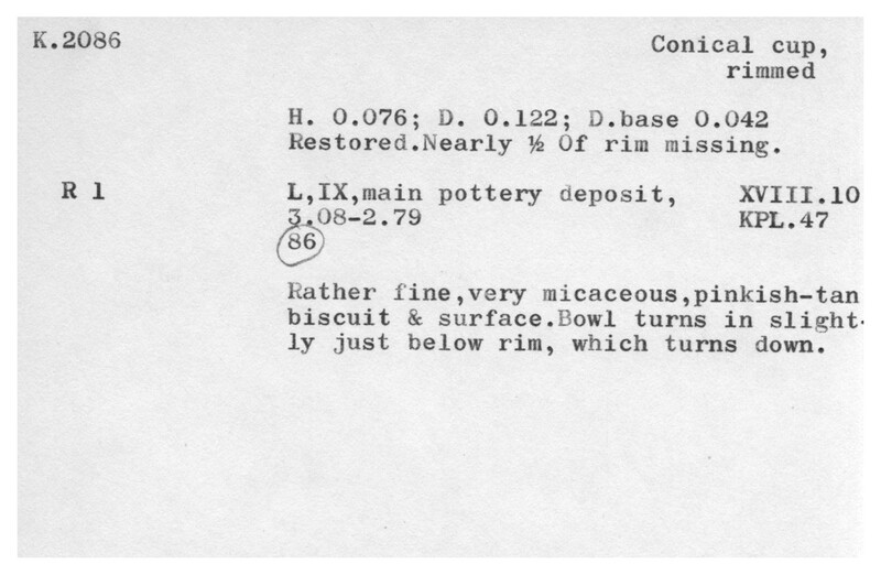 Index card with typed and handwritten information, sometimes including a sketch, of pottery from an excavation.