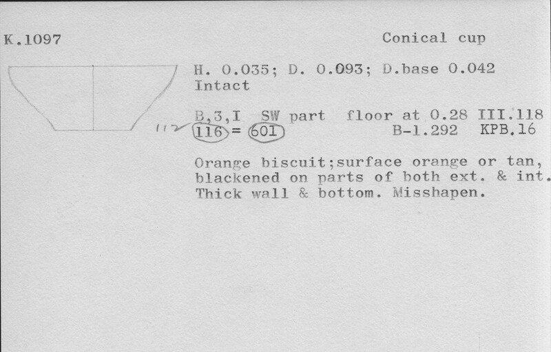 Index card with typed and handwritten information, sometimes including a sketch, of pottery from an excavation.
