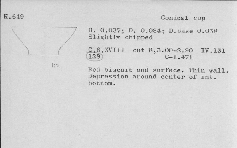Index card with typed and handwritten information, sometimes including a sketch, of pottery from an excavation.