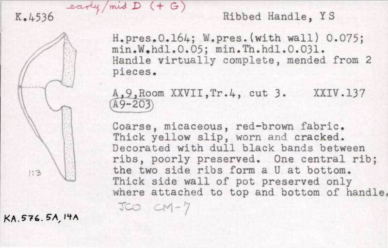 Index card with typed and handwritten information, sometimes including a sketch, of pottery from an excavation.