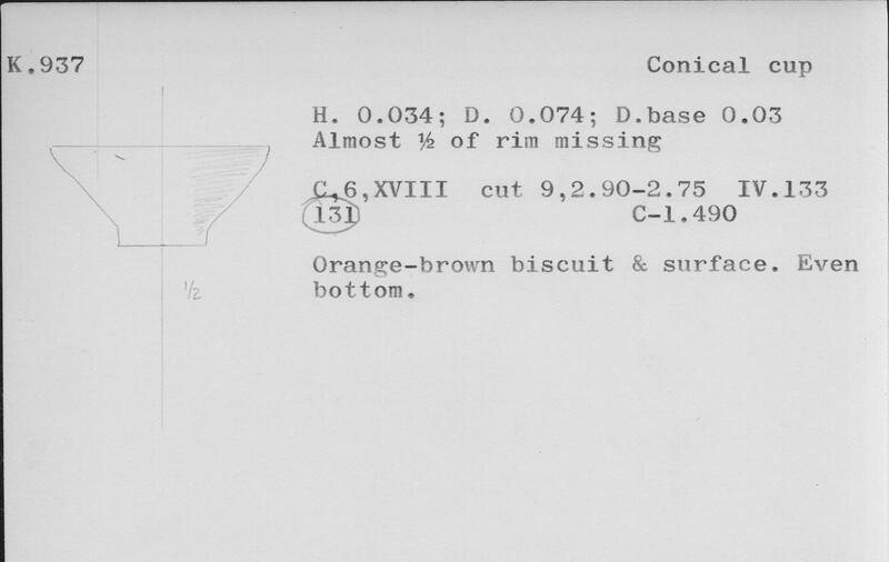 Index card with typed and handwritten information, sometimes including a sketch, of pottery from an excavation.