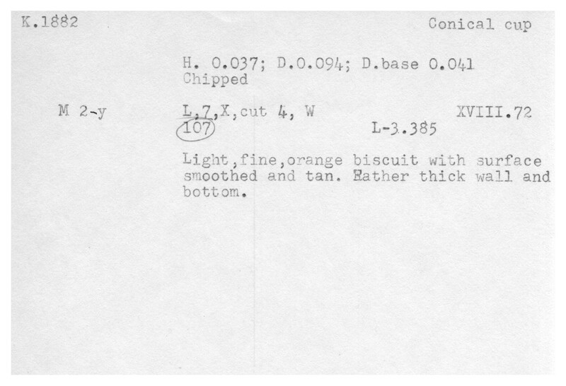 Index card with typed and handwritten information, sometimes including a sketch, of pottery from an excavation.