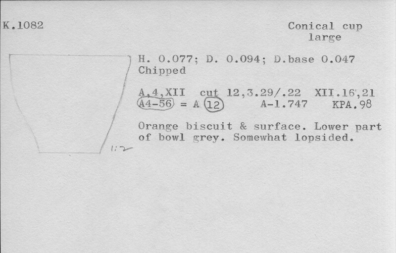 Index card with typed and handwritten information, sometimes including a sketch, of pottery from an excavation.