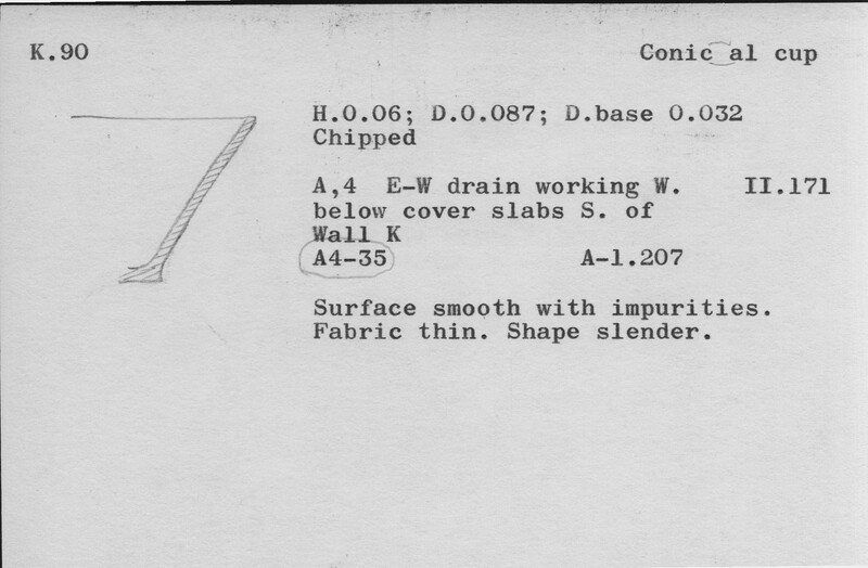 Index card with typed and handwritten information, sometimes including a sketch, of pottery from an excavation.