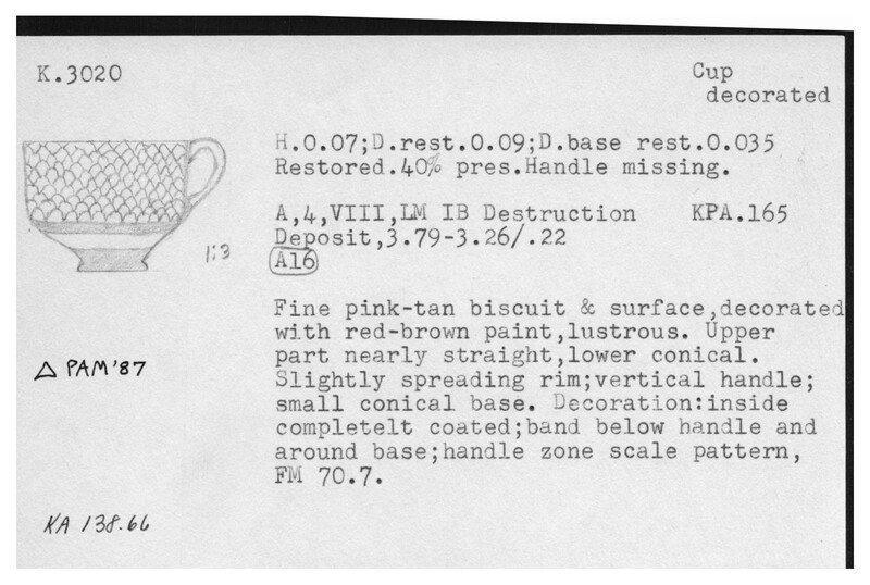 Index card with typed and handwritten information, sometimes including a sketch, of pottery from an excavation.