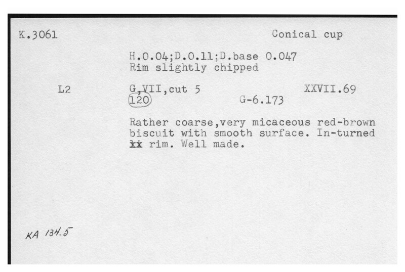 Index card with typed and handwritten information, sometimes including a sketch, of pottery from an excavation.