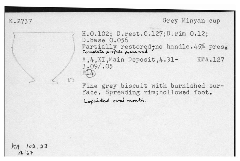 Index card with typed and handwritten information, sometimes including a sketch, of pottery from an excavation.