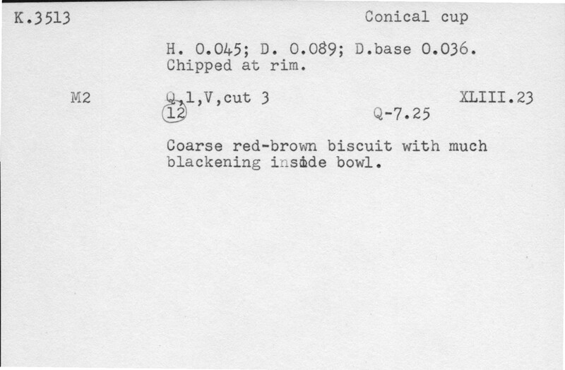 Index card with typed and handwritten information, sometimes including a sketch, of pottery from an excavation.