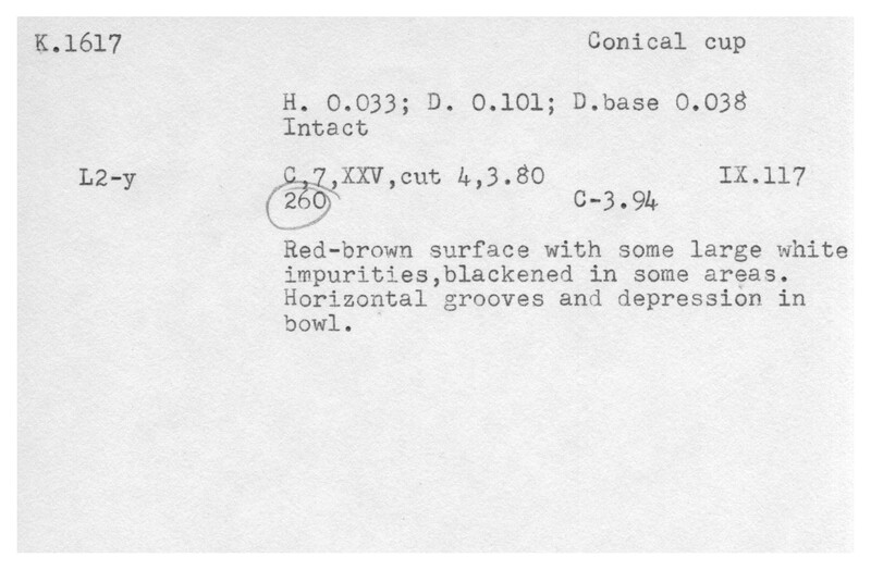 Index card with typed and handwritten information, sometimes including a sketch, of pottery from an excavation.