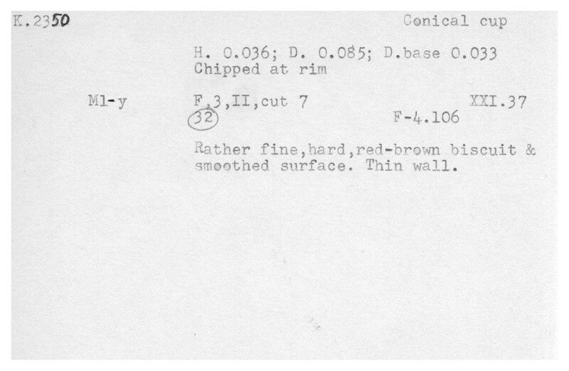 Index card with typed and handwritten information, sometimes including a sketch, of pottery from an excavation.