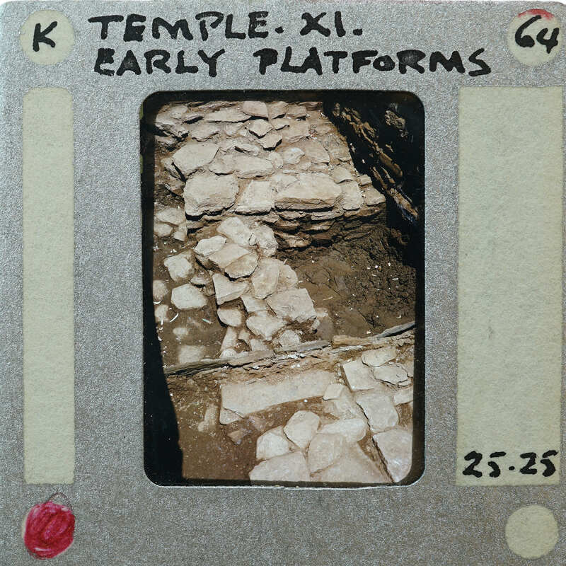 A photograph of a rocky surface with an overlaid label indicating it's from Temple XI, Early Stages.
