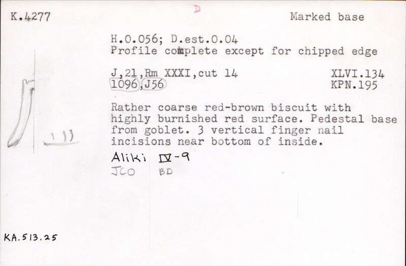 Index card with typed and handwritten information, sometimes including a sketch, of pottery from an excavation.