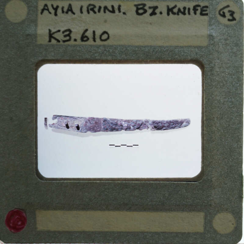 Two images of a knife, with the top image showing the blade and handle, and the bottom image providing a close-up view of the blade's edge.