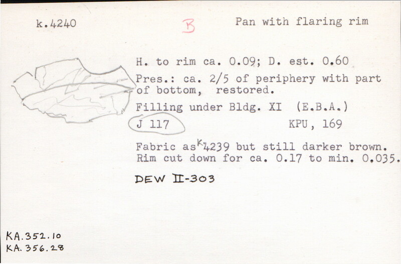 Index card with typed and handwritten information, sometimes including a sketch, of pottery from an excavation.
