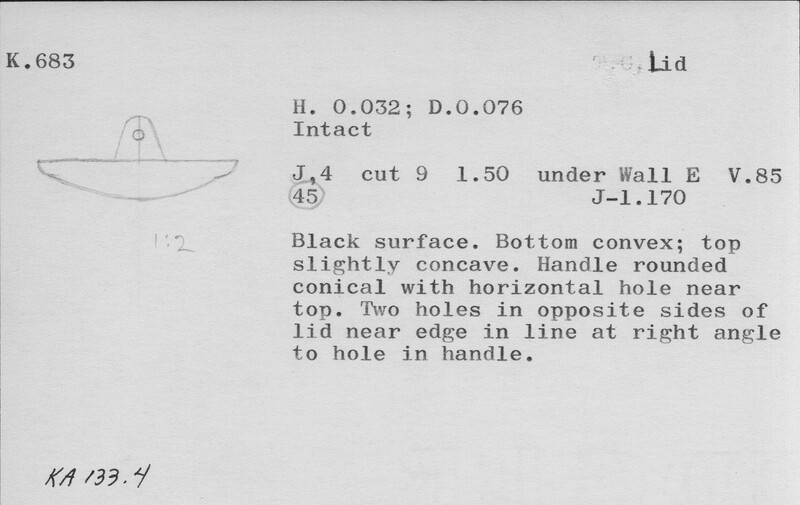 Index card with typed and handwritten information, sometimes including a sketch, of pottery from an excavation.