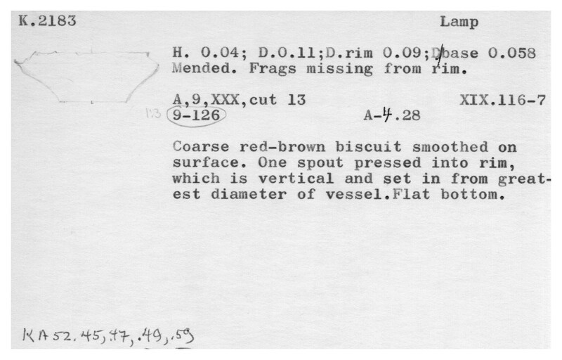 Index card with typed and handwritten information, sometimes including a sketch, of pottery from an excavation.