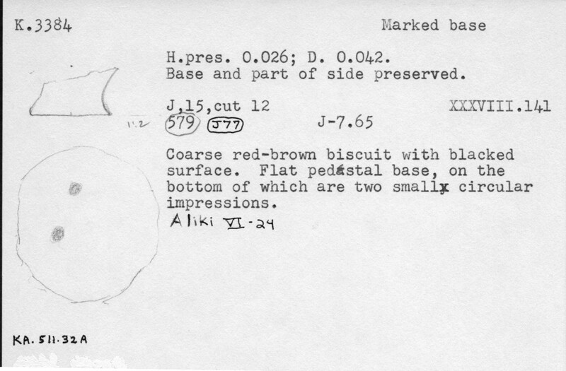 Index card with typed and handwritten information, sometimes including a sketch, of pottery from an excavation.