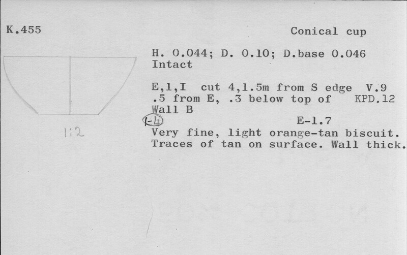 Index card with typed and handwritten information, sometimes including a sketch, of pottery from an excavation.