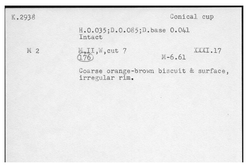 Index card with typed and handwritten information, sometimes including a sketch, of pottery from an excavation.