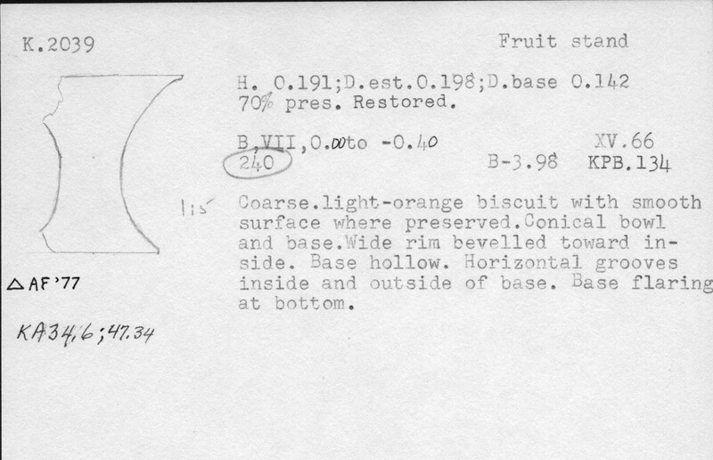 Index card with typed and handwritten information, sometimes including a sketch, of pottery from an excavation.
