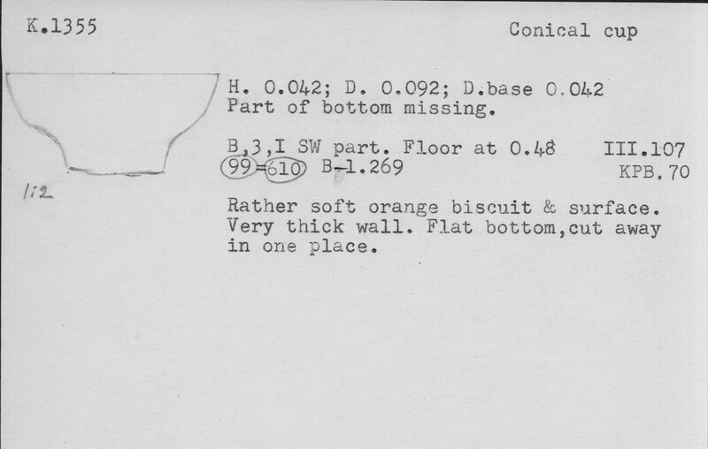 Index card with typed and handwritten information, sometimes including a sketch, of pottery from an excavation.