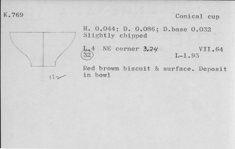 Index card with typed and handwritten information, sometimes including a sketch, of pottery from an excavation.