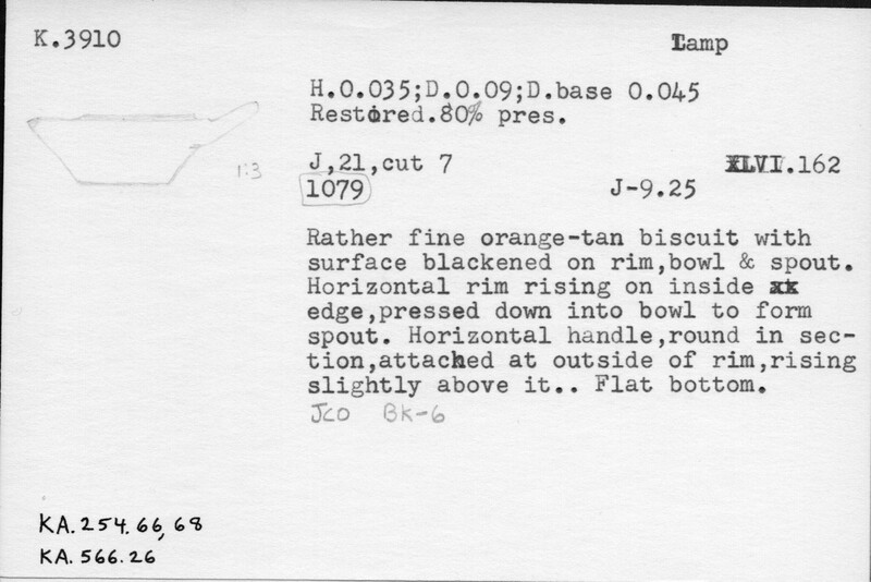 Index card with typed and handwritten information, sometimes including a sketch, of pottery from an excavation.
