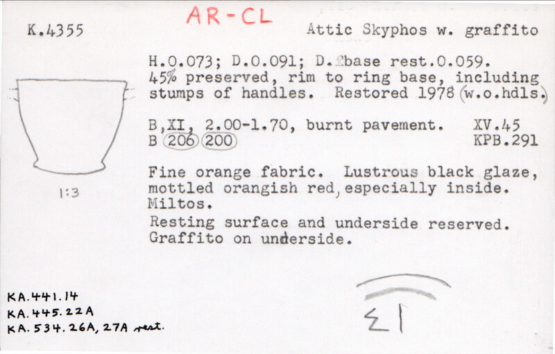 Index card with typed and handwritten information, sometimes including a sketch, of pottery from an excavation.
