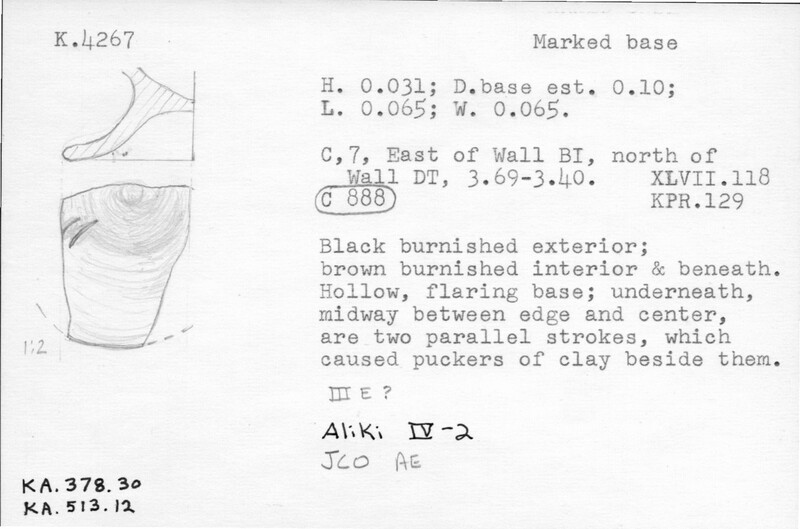 Index card with typed and handwritten information, sometimes including a sketch, of pottery from an excavation.