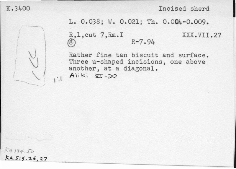 Index card with typed and handwritten information, sometimes including a sketch, of pottery from an excavation.