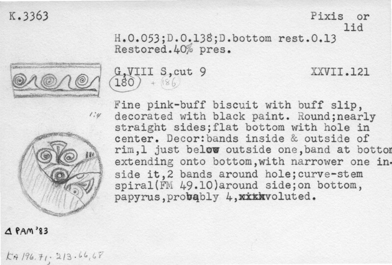 Index card with typed and handwritten information, sometimes including a sketch, of pottery from an excavation.