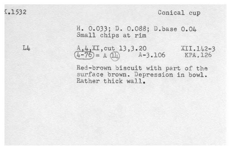 Index card with typed and handwritten information, sometimes including a sketch, of pottery from an excavation.