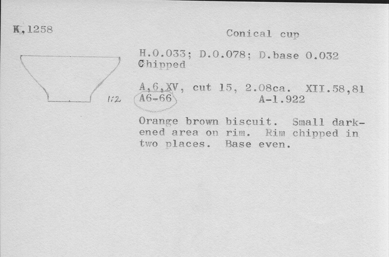 Index card with typed and handwritten information, sometimes including a sketch, of pottery from an excavation.