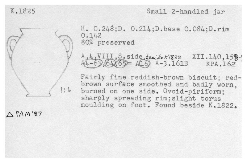 Index card with typed and handwritten information, sometimes including a sketch, of pottery from an excavation.