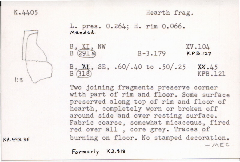 Index card with typed and handwritten information, sometimes including a sketch, of pottery from an excavation.