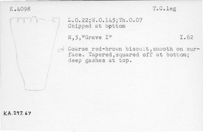 Index card with typed and handwritten information, sometimes including a sketch, of pottery from an excavation.