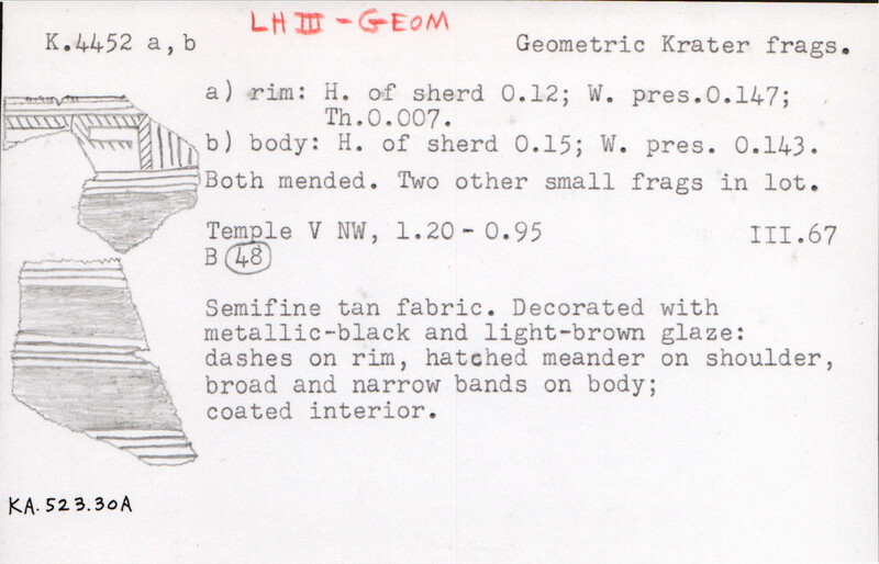 Index card with typed and handwritten information, sometimes including a sketch, of pottery from an excavation.