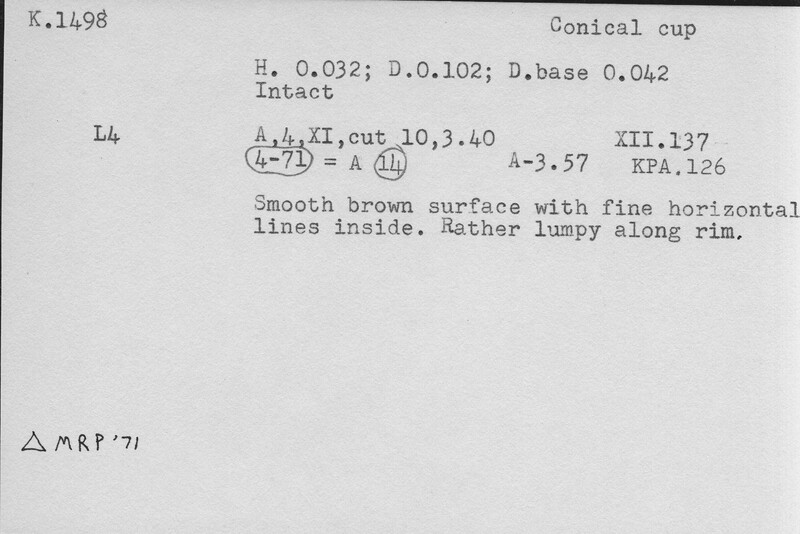 Index card with typed and handwritten information, sometimes including a sketch, of pottery from an excavation.