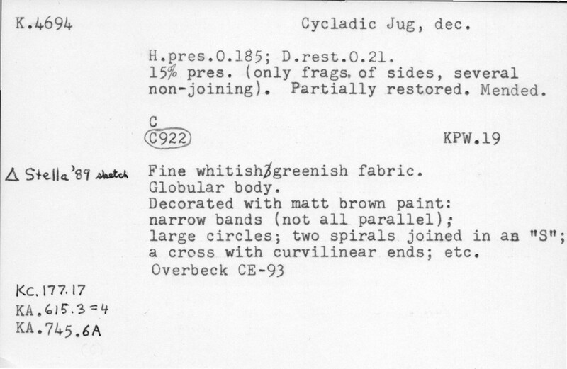 Index card with typed and handwritten information, sometimes including a sketch, of pottery from an excavation.