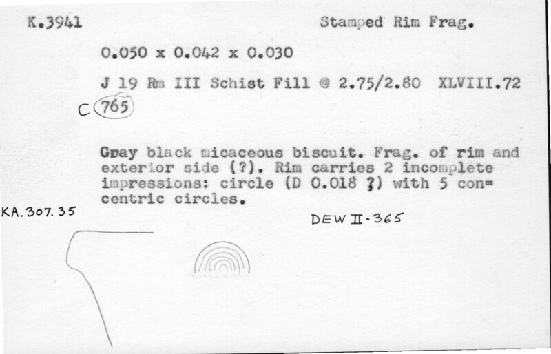 Index card with typed and handwritten information, sometimes including a sketch, of pottery from an excavation.
