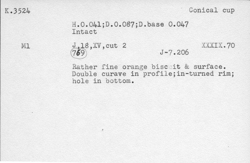 Index card with typed and handwritten information, sometimes including a sketch, of pottery from an excavation.