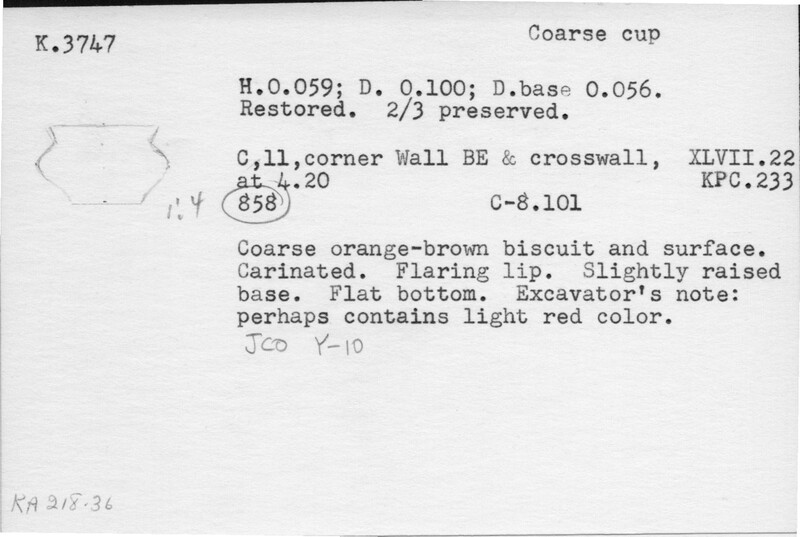 Index card with typed and handwritten information, sometimes including a sketch, of pottery from an excavation.