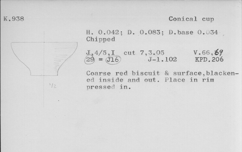 Index card with typed and handwritten information, sometimes including a sketch, of pottery from an excavation.
