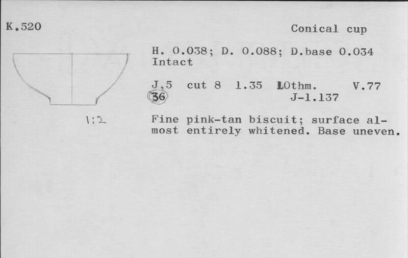 Index card with typed and handwritten information, sometimes including a sketch, of pottery from an excavation.