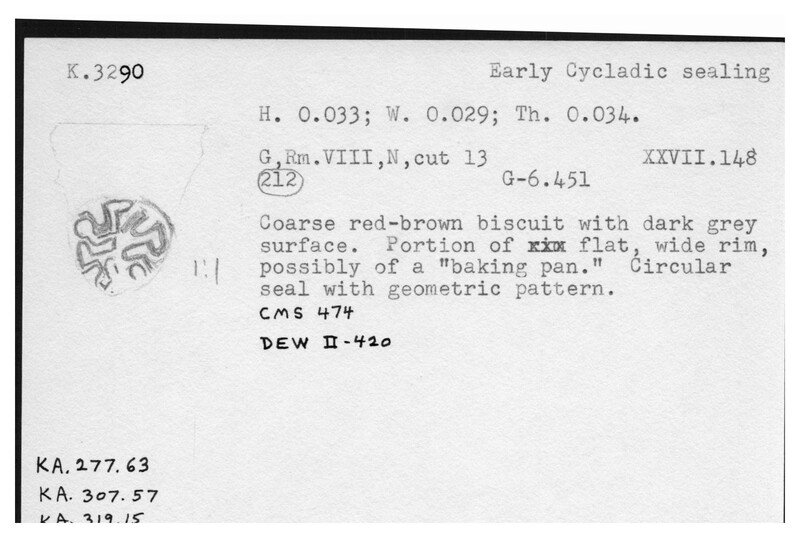 Index card with typed and handwritten information, sometimes including a sketch, of pottery from an excavation.