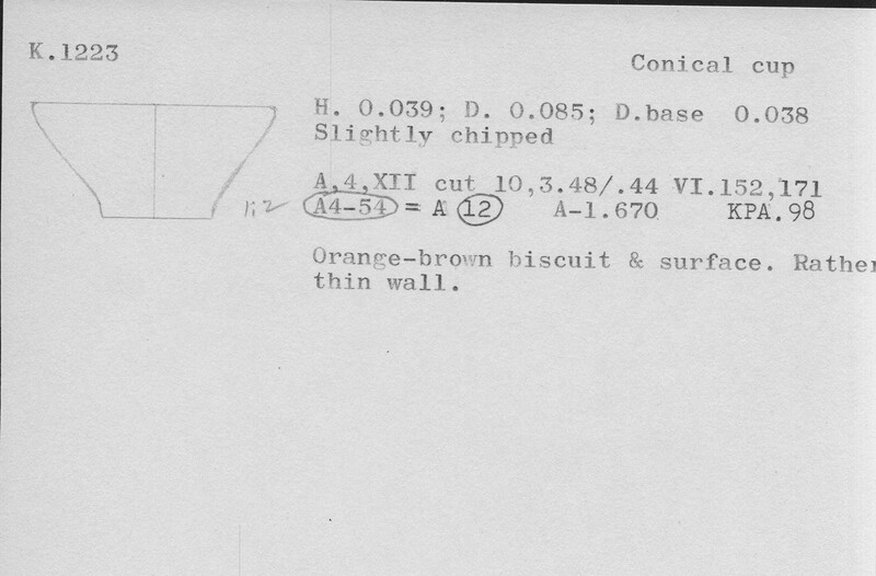 Index card with typed and handwritten information, sometimes including a sketch, of pottery from an excavation.