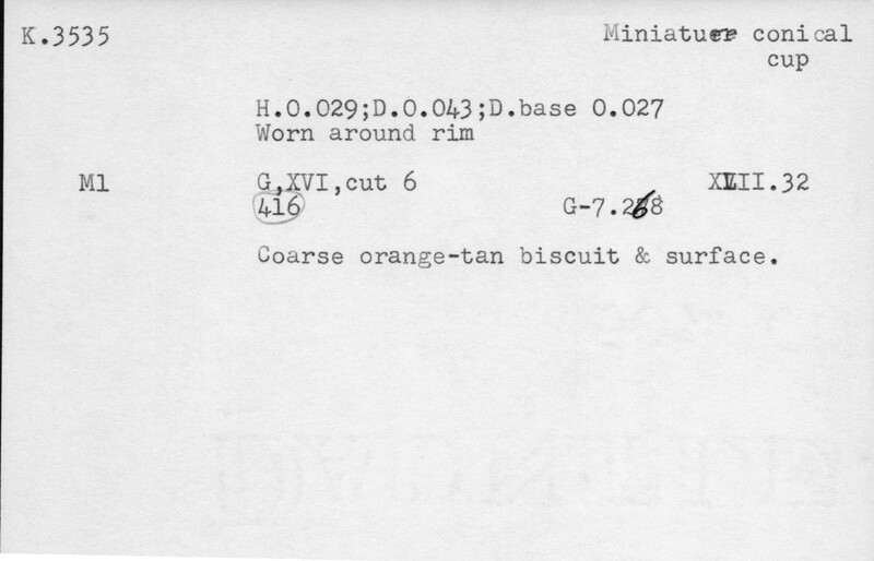 Index card with typed and handwritten information, sometimes including a sketch, of pottery from an excavation.